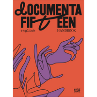 The cover of the documenta fifteen english handbook, which features a vibrant reddish-orange background. At the top, the title is written in bold and stylized black font. The main illustration consists of several purple hands drawn with a continuous, looping black line. At the bottom right is the Hatje Cantz publisher logo.
