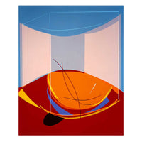 An abstract artwork in a graphic style, with the composition divided into a blue upper half and a deep red lower half. A transparent, distorted cube with curved sides is outlined against the blue background. In the foreground, a vibrant, bowl-like shape made of layered orange, yellow, and blue arcs rests on the red field, with thin, intersecting calligraphic lines drawn over it.
