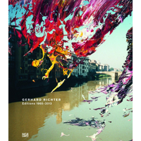 The book cover for Gerhard Richter Editions 1965–2013. The artwork features a photograph of a cityscape with a river and bridge, which is dramatically overlaid with thick, abstract strokes of vibrant red, magenta, and yellow paint that sweep across the upper half of the image.