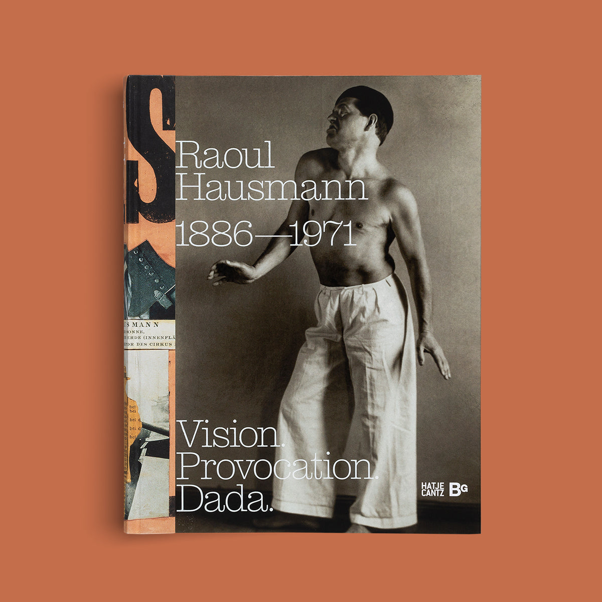 Book cover featuring a black and white photo of a shirtless man in white pants against a brown background.