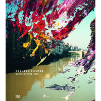 The cover of the book GERHARD RICHTER Editionen 1965–2013. The artwork shows a photograph of a river flowing through a historic city with a bridge in the background. Sweeping, thick strokes of vibrant abstract paint in shades of red, pink, yellow, and purple are layered over the top half of the image, with drips and splatters falling towards and appearing to float on the river. The publisher's name, Hatje Cantz, is at the bottom left.
