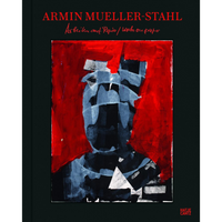 The black cover of the art book Armin Mueller-Stahl, Arbeiten auf Papier / Works on paper. The cover features an expressive abstract painting of a stylized figure in black and muted blue against a vibrant, textured red background. The publisher's logo, Hatje Cantz, is in the bottom right corner.