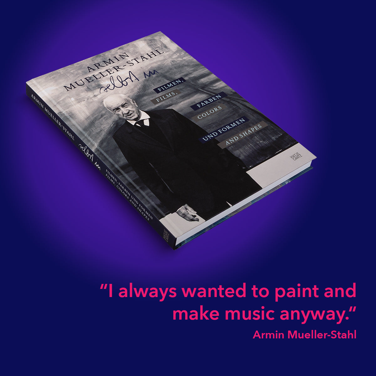 Book cover with a portrait of Armin Mueller-Stahl and a quote on a purple background