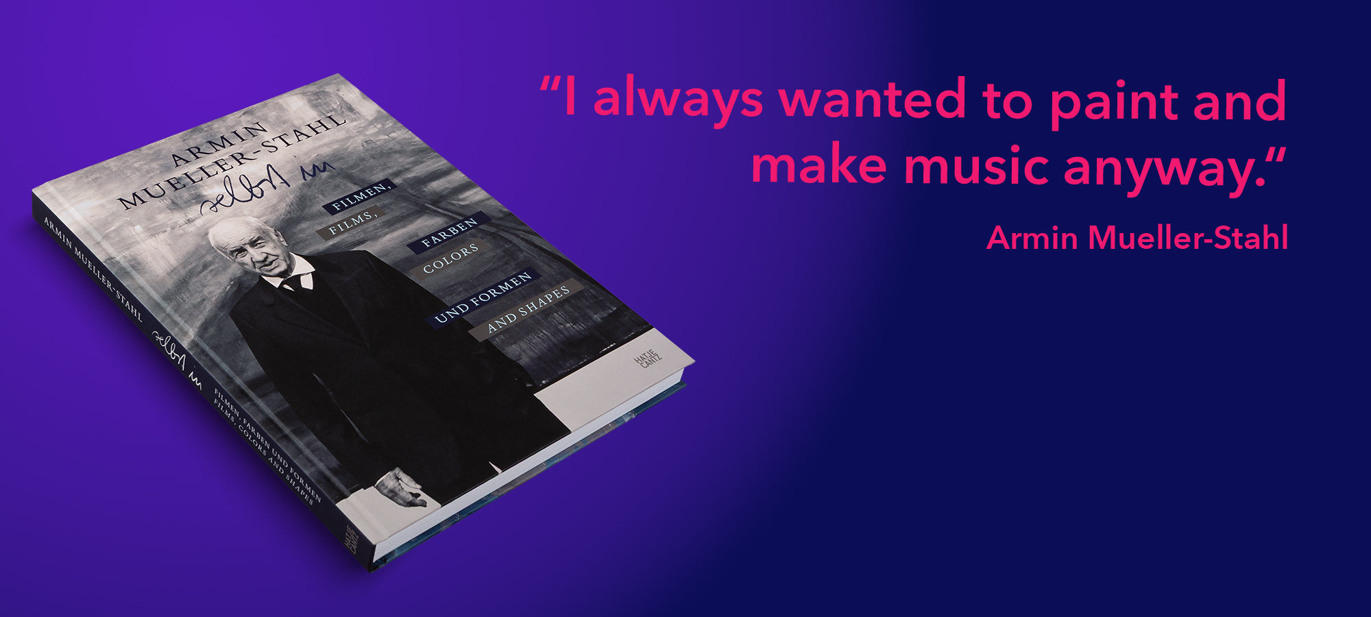 Book cover with a portrait of Armin Mueller-Stahl and text on a purple background