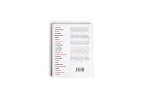 A book with a white cover, laid flat against a white background. The left side features a vertical list of city names in red and black text. The right side has a block of text in German and a barcode at the bottom.