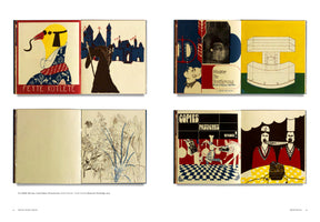 An overhead shot of four open books arranged in a two-by-two grid, displaying a variety of surrealist illustrations. The top-left book shows a stylized bird in a dress and a cloaked figure before a castle. The top-right has a collage with photography and a diagram. The bottom-left features a detailed line drawing of flowers with human faces. The bottom-right depicts a chaotic kitchen scene and two figures at a table connected by an object emerging from their mouths.