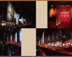 A collage of four images from an exhibition titled Pure Europe, held in a dark, industrial-style hall. The exhibit features large hanging banners with images, illuminated screens and posters on the walls, and a long, glowing red trough running through the space, creating an atmospheric, immersive display.