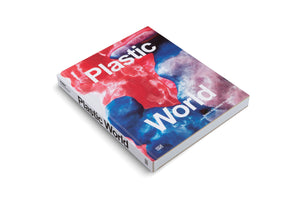 An angled shot of a book titled Plastic World on a white background. The cover features an abstract design with vibrant swirls of red, blue, and purple, and the title is printed in a large, white, sans-serif font.