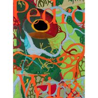 A vibrant and textured fabric collage featuring abstract, organic shapes in greens, reds, and oranges. The piece is detailed with embroidery, stitching, and beading, with small birds perched on some of the forms. The name Pedro Wirz is written across the artwork in large, bold orange serif letters.