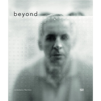 A black and white book cover for the book beyond by Loredana Nemes. A man's face is shown in a blurry, haunting portrait, viewed through a textured, translucent surface with a grid pattern of small squares. The title is at the top in black lowercase letters, with the author's name at the bottom left.