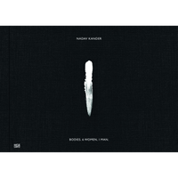 The black cloth cover of the book Bodies. 6 Women, 1 Man. by Nadav Kander. A single, vertical white brushstroke is centered on the cover, with the author's name in white text above it and the title below. The Hatje Cantz logo is in the bottom left corner.