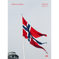 The cover of the book OSLO by Oliver Godow, featuring a photograph of the Norwegian flag waving against a pale sky. The flag, with its red field and blue Scandinavian cross outlined in white, is attached to a white flagpole. Red text at the top reads Oliver Godow and OSLO 2014-19, and at the bottom right is the publisher, Hatje Cantz.