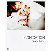 The cover of the photography book ICONICATION by anatol Kotte. It features a glamorous photograph of the Muppet Miss Piggy sleeping in a bed. She wears a pink robe with white fur trim, a pearl necklace, lavender gloves, her blonde hair is in curlers, and a decorative lavender sleep mask covers her eyes.