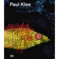 The cover of a book on artist Paul Klee, featuring his painting of a stylized fish. The fish is rendered in luminous yellow and orange hues with a spiky red dorsal fin and a large, circular red eye. It swims against a dark, deep-blue background speckled with light green dots and abstract blue wavy lines. The publisher's logo for Hatje Cantz is at the bottom.