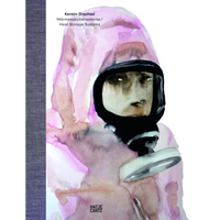 The book cover for Wärmespeichersysteme / Heat Storage Systems by Kerstin Drechsel. A watercolor painting shows a person in a puffy, pink hooded suit and a black gas mask against a white background. A pale, somber face is visible through the mask's visor. A vertical strip of dark blue textured fabric runs along the left side. The publisher's name, Hatje Cantz, is at the bottom.