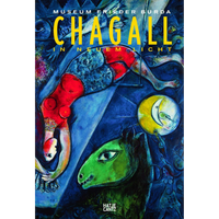 The cover for the book Chagall in Neuem Licht, featuring a colorful surrealist painting of a female acrobat in a red top floating above the head of a green horse against a blue background.