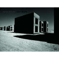 A high-contrast, black and white photograph of unfinished, block-like buildings casting deep shadows in a desolate desert landscape.