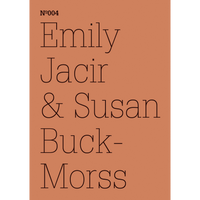 Thin black serif text on a burnt orange background reads Nº004, Emily Jacir & Susan Buck-Morss.
