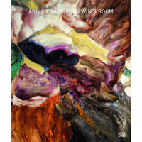 The cover for Adrian Ghenie Darwin's Room, featuring an abstract painting with thick, dynamic brushstrokes in earthy and vibrant colors.