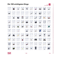 The book cover for Die 100 wichtigsten Dinge, featuring a grid of 100 numbered photographs of various objects on a white background.