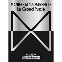 The cover for Manifesta 13 Marseille Le Grand Puzzle, featuring a large, stylized M logo reflected across a split silver and black background.