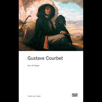 A book cover for Gustave Courbet by Ulf Küster, featuring a self-portrait of the artist in a wide-brimmed hat and dark cloak, sitting in a landscape next to a black dog.