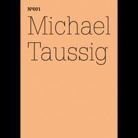 A minimalist book cover with the name Michael Taussig in a thin black serif font on a peach background, with Nº001 printed above it.