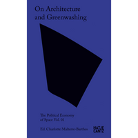 The book cover for On Architecture and Greenwashing features a large, abstract black shape on a deep blue background.