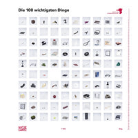 The cover of the book Die 100 wichtigsten Dinge, featuring a grid of 100 numbered photographs, each showing a different object on a white background.