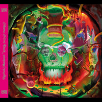 A surreal, colorful painting of two upside-down heads forming a skull over a bubbling green cauldron, surrounded by distorted animals in a fiery, hellish cave.