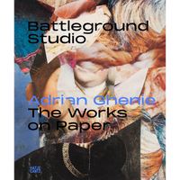 A book cover for Battleground Studio, Adrian Ghenie, The Works on Paper, featuring a dynamic collage of torn and layered fragments from classical paintings.