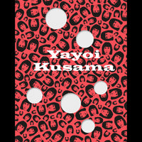 A graphic cover for Yayoi Kusama with a repeating pattern of her face on a red background, overlaid with white cutout circles.