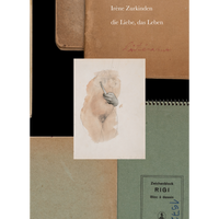 A collage of old sketchbooks and papers on a black background, with a central watercolor drawing of a nude female torso. A photographic hand holding a drawing tool is collaged onto the sketch, touching the figure's breast.