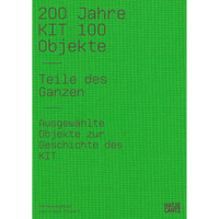 A book cover with a bright green, textured background and dark purple sans-serif text in German that reads 200 Jahre KIT 100 Objekte.