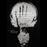 A black and white book cover for Biomedical Visions featuring a photograph of a hand held against a glowing orb, with the word you handwritten repeatedly over the image.