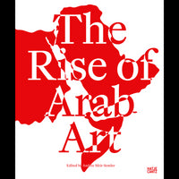 The book cover for The Rise of Arab Art, with the title in large white letters layered over a red map of the Arabian Peninsula and parts of North Africa.