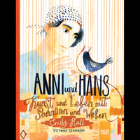 An illustrated cover of the book Anni und Hans, featuring a woman in a spotted bandana looking down at a small blue bird holding a red thread.