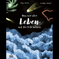 The cover for the book Was wir über Leben auf der Erde wissen, showing an illustration of a dark, celestial sky above a churning blue sea.