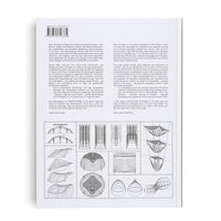 An overhead view of an open book on a white background. The top half of the page shows two columns of text, one in German and one in English. The bottom half displays a grid of black and white technical diagrams illustrating various architectural structural systems like arches, frames, and tensile structures.