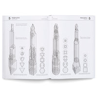 An open book on a white surface displays a two-page spread with technical architectural diagrams about Height-active structure systems. The black and white pages feature wireframe illustrations of four tapering tower designs. Next to each tower, a vertical column of geometric shapes like triangles, hexagons, and squares illustrates the changing cross-section at different elevations.