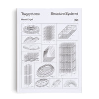 The white cover of the book Tragsysteme Structure Systems by Heino Engel. The cover features a grid of black-and-white technical line drawings illustrating various architectural structures, including high-rise building frames, domes, and arched systems.