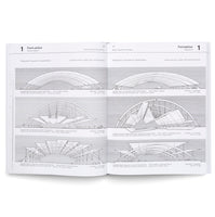 An open book lies on a white surface, showing a two-page spread on Form-active structure systems. The pages feature six black and white technical line drawings illustrating various types of long-span arched structures, with accompanying text in both English and German.