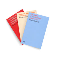 A studio shot of three paperback books by András Szántó, fanned out on a white background. The books have minimalist, typographic covers in red, cream, and light blue, and are part of a series discussing the future of museums and the art world.