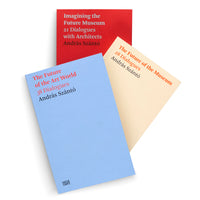 Three paperback books by András Szántó are fanned out on a white background. The books have minimalist, solid-color covers in red, light blue, and cream. The titles are Imagining the Future Museum, The Future of the Art World, and The Future of the Museum.