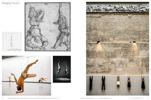 A two-page spread from a publication titled Hanging Hängen, which explores the theme of suspension through various artworks. The left page shows a line drawing, a historical sketch of two men hanging upside down, and two photographs of contemporary dancers suspended in mid-air. The right page features a large photo of a weathered wall, with a smaller photo below it showing five people hanging vertically from a ledge.