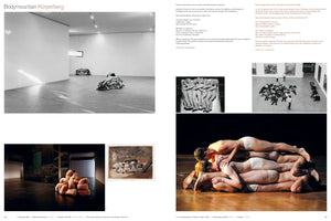 A two-page spread from a book titled Bodymountain Körperberg, showing text in English and German alongside six images that explore the theme of human bodies piled together. The images include black-and-white photos of sculptures in a gallery, a historical etching of bodies, a color photo of dancers forming a human pile on a stage, and a photo of a performance art piece in a museum.