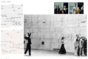 A two-page book spread. The left page contains text titled Yes/No Ja/Nein. The right page features a large black and white photograph of a modern dance performance in a concrete space. A dancer is captured mid-motion, while another woman holds a structure of long poles in front of a line of other performers. Two small color photos at the top show close-ups of performers with their mouths open.