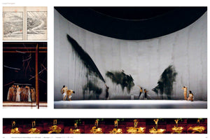 A page layout from a publication titled Liquid Flüssigkeit. The page features four distinct visual elements: Japanese woodblock prints of snowy landscapes at the top left, a scene from a stage play below it, a large photo of a performance piece with dancers making large black paint strokes on a curved wall on the right, and a filmstrip of another performance at the very bottom.