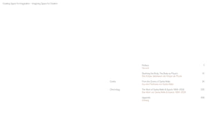 A minimalist table of contents for a book on a clean white page with grey text. The book's title at the top left reads Creating Space for Imagination – Imagining Space for Creation. The contents are listed bilingually in English and German and include chapters such as Declining the Body; The Body as Physics, From the Scores of Sasha Waltz, and The Work of Sasha Waltz & Guests 1993–2024, with corresponding page numbers on the right.