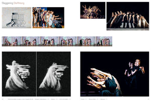 A collage titled Staggering Staffelung that compares early motion studies with contemporary dance photography. The layout includes a 19th-century chronophotograph of a walking figure and grainy motion-blur images alongside several color photos of modern dance performances. In these photos, groups of dancers are arranged on stage in staggered, sequential poses, creating a visual effect of layered movement over time.
